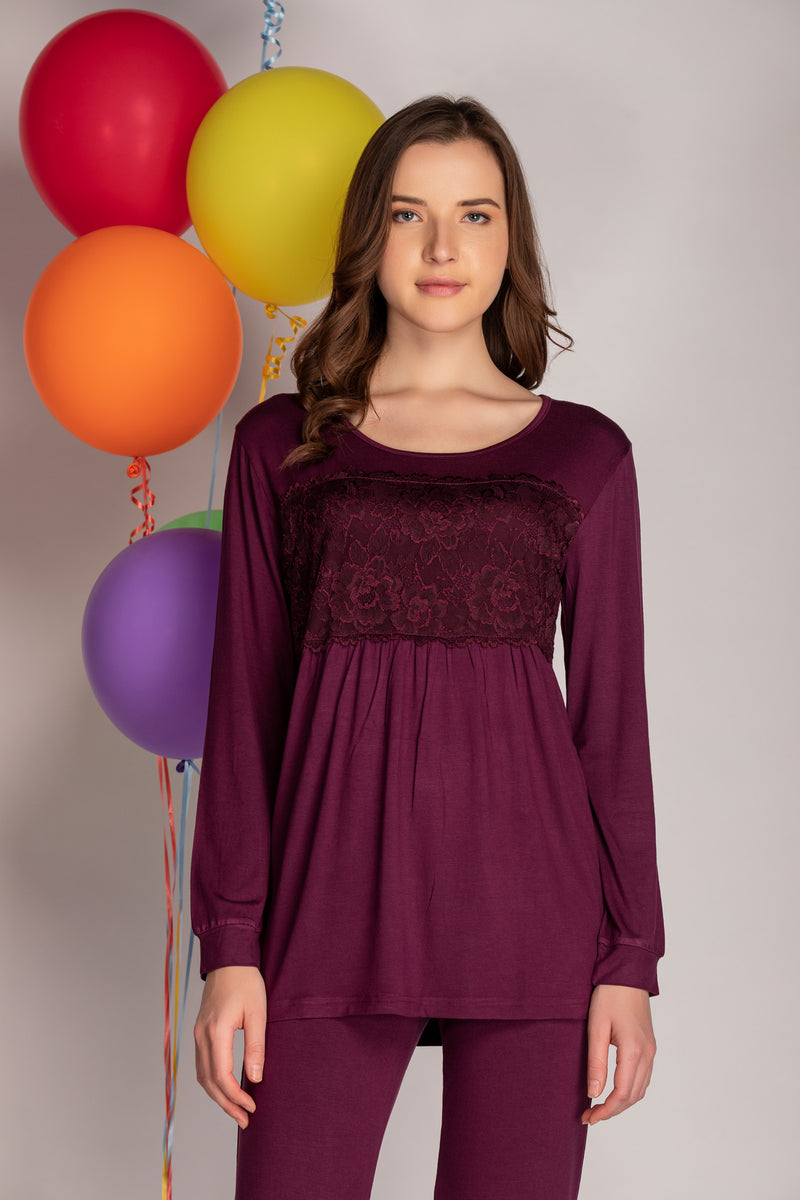 “Comfy In Style” Purple Modal Lace Tunic PJ Set